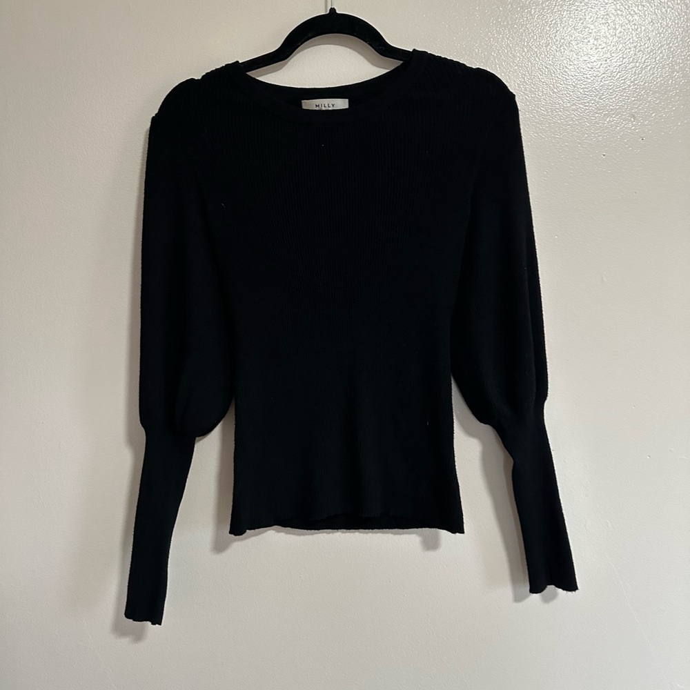 Milly Black Ribbed Puff-Sleeve Knit Top, Size Small